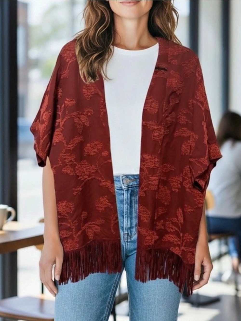 NWT Chico’s Chenille Floral Jacquard Ruana Wrap Fringe Red S/M
